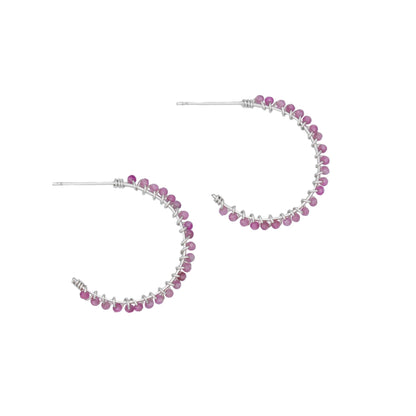 Pink tourmaline beaded sterling silver hoop earrings with a polished finish, stylish jewelry by Grey Clymene.