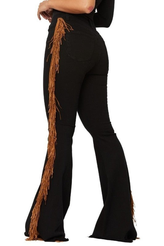 Automotive Jade Icarus Fringe Bell Bottom with 32-inch inseam showcasing detailed fringe design on sleek vehicle part.