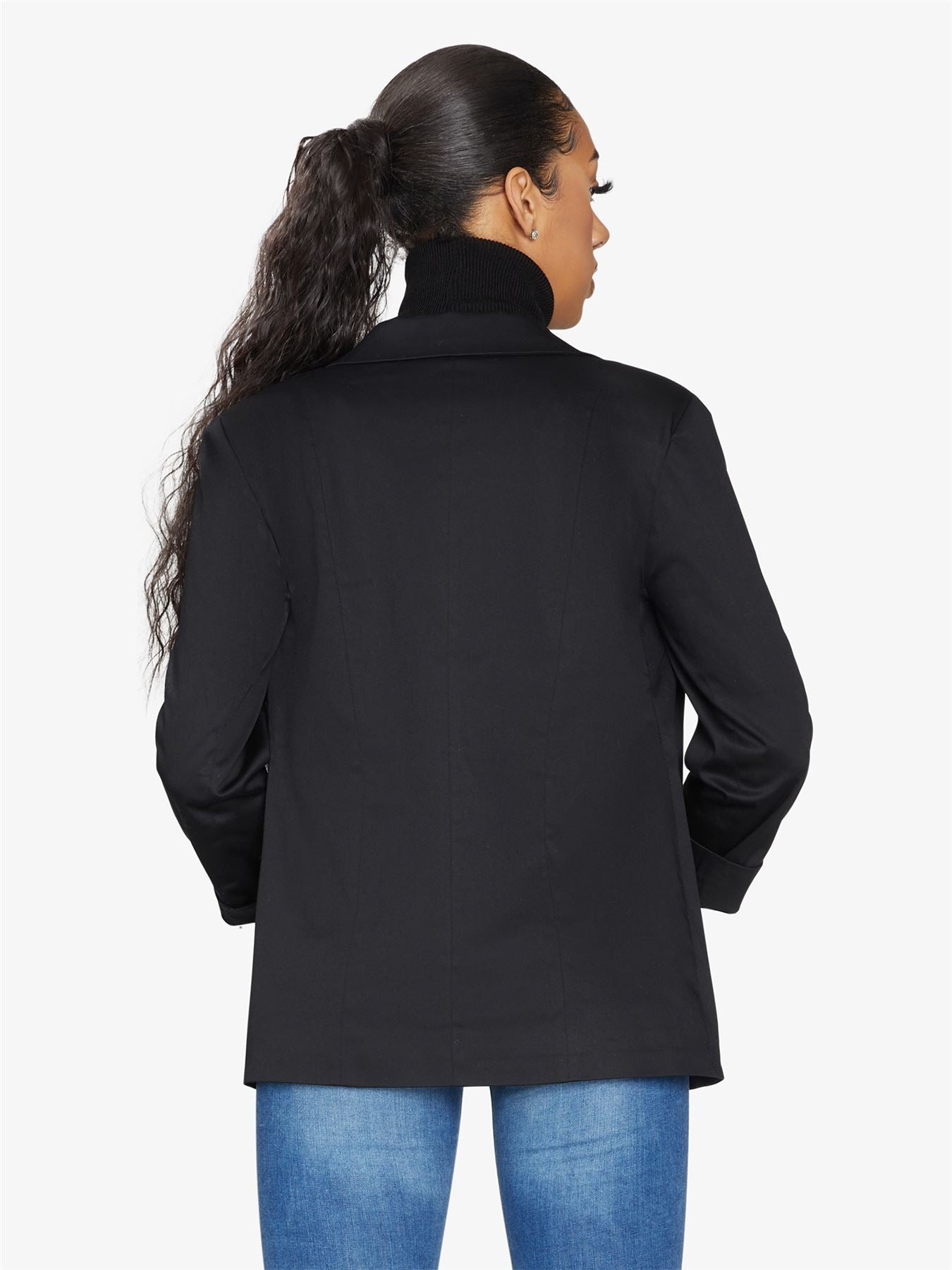 Rose Eleusis edge to edge blazer, stylish tailored jacket with a sleek fit, displayed on a hanger against a neutral background.