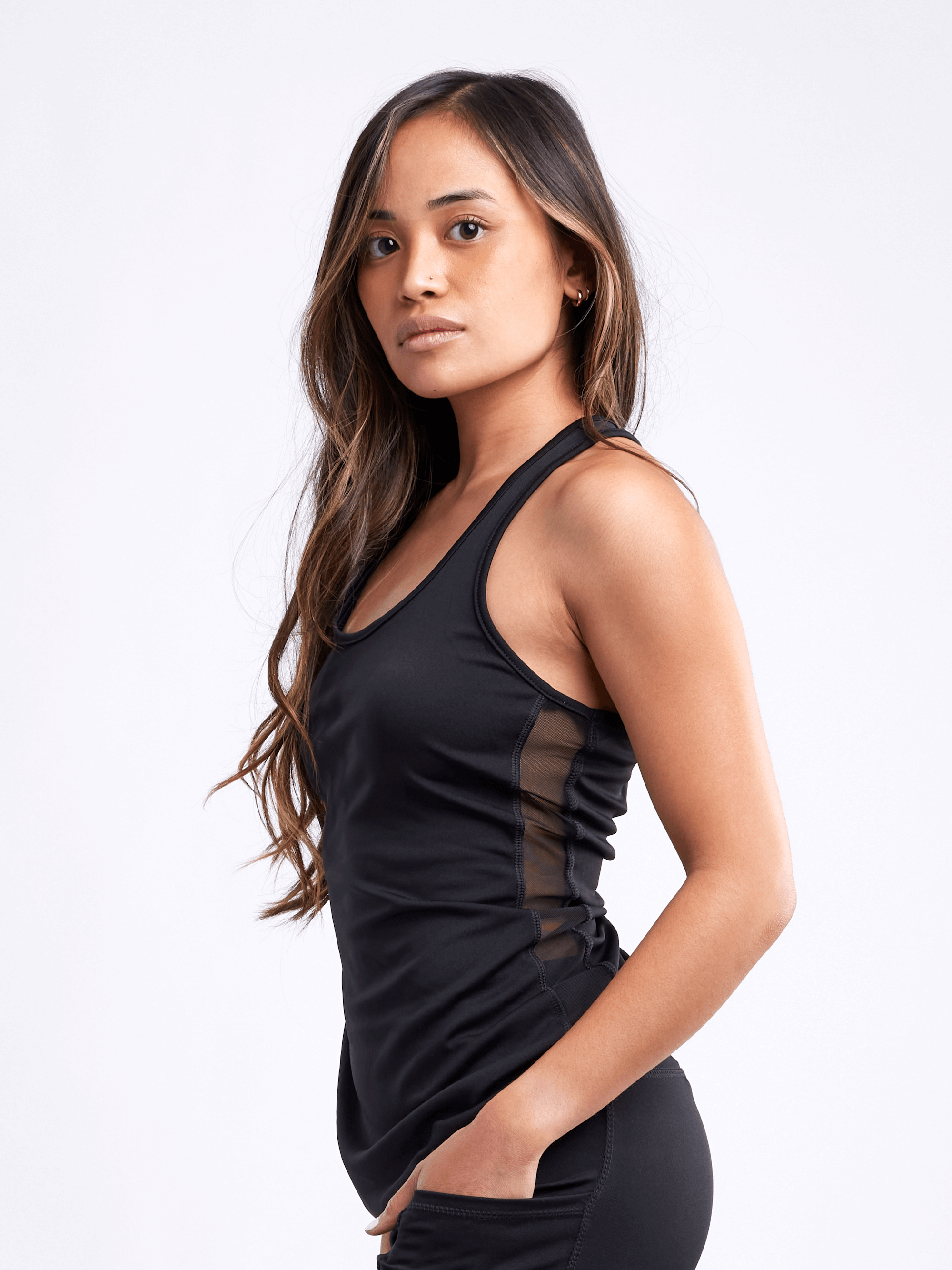 Black Lavender JupiterGear sports tank top with side mesh panels, lightweight activewear for workouts and active lifestyles.