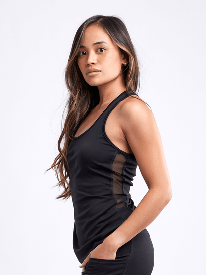 Black Lavender JupiterGear sports tank top with side mesh panels, lightweight activewear for workouts and active lifestyles.