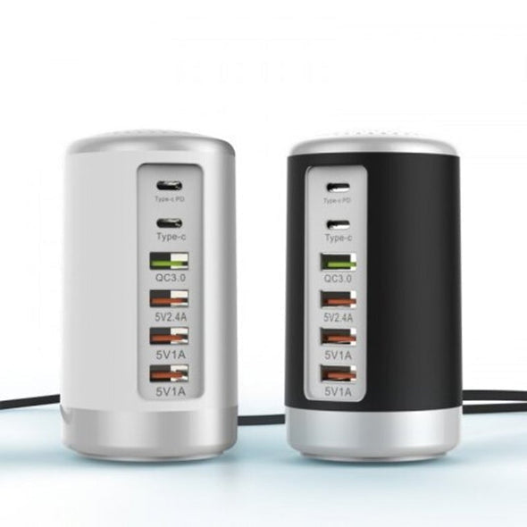 Maroon Asteria 6-port cylindrical adapter with 65W fast charge for mobile and laptop devices, showing multiple charging ports.