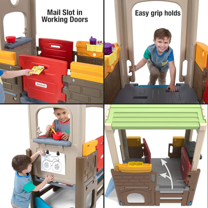 Peach Maple Discovery Playhouse for Kids, indoor outdoor climbing furniture with colorful steps and slide, designed for active play.