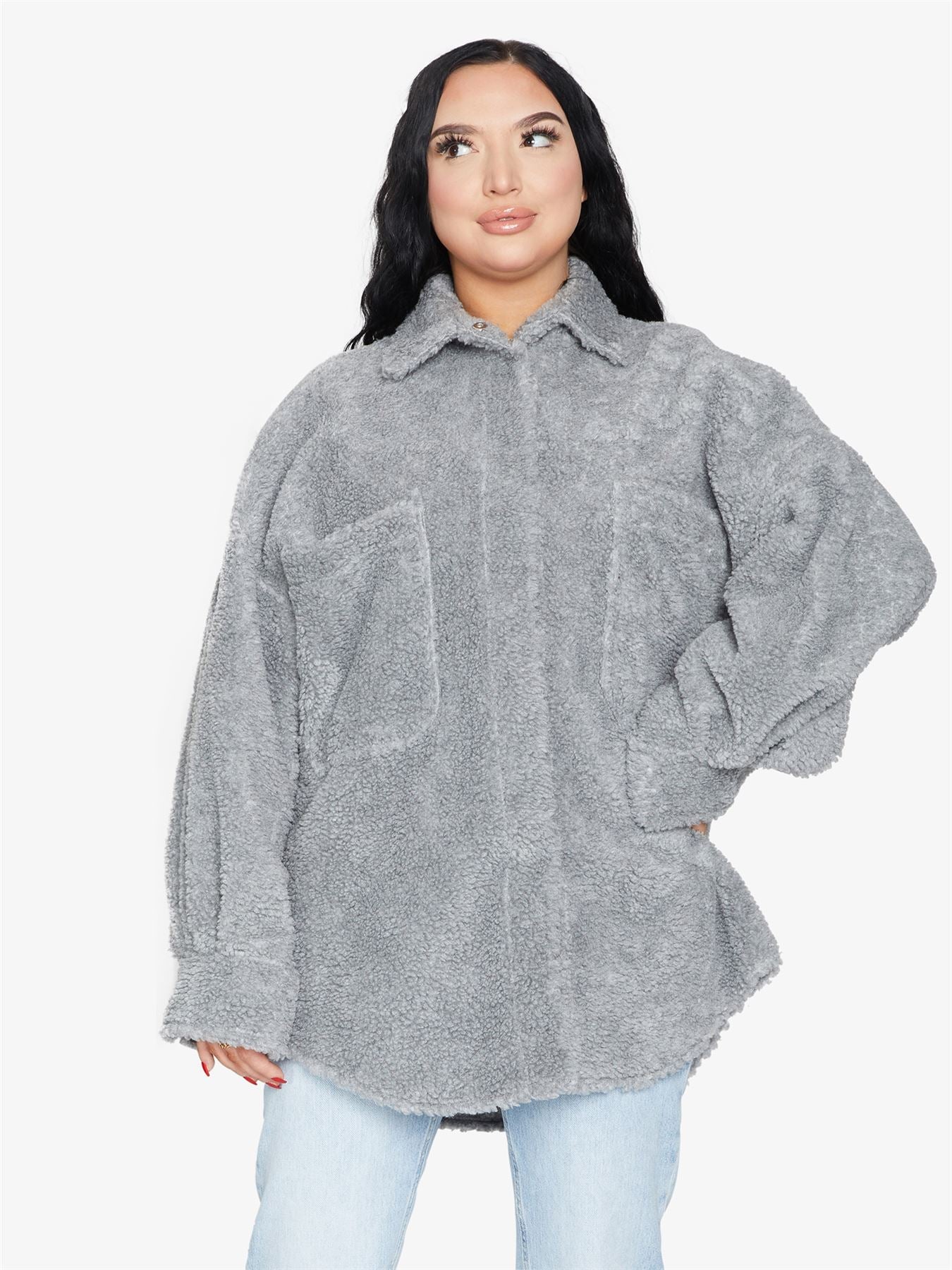 Rose Eleusis oversized patch pocket borg teddy shacket featuring a cozy, plush teddy fabric with large patch pockets.