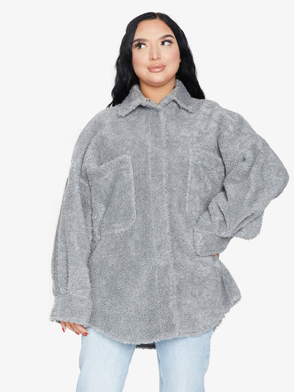 Rose Eleusis oversized patch pocket borg teddy shacket featuring a cozy, plush teddy fabric with large patch pockets.