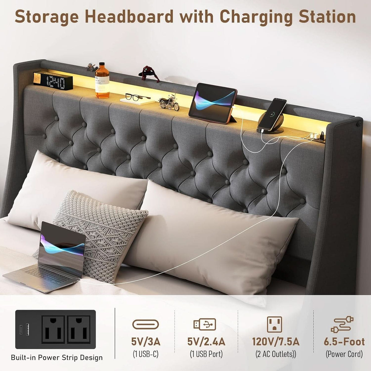 Queen Bed Frame With Storage Headboard LED Lighting