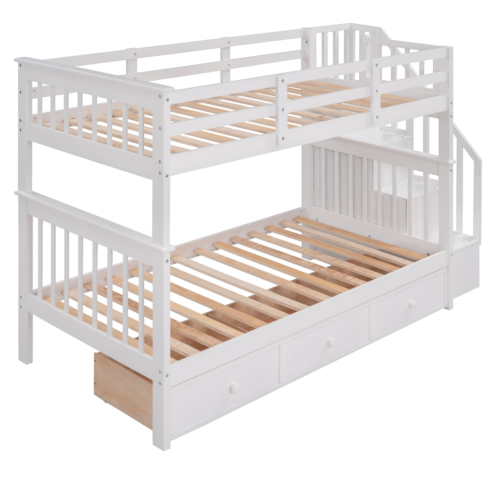 Sangria Beech twin-over-twin bunk bed with three drawers, sturdy wood frame, ideal for bedroom or dorm room storage.