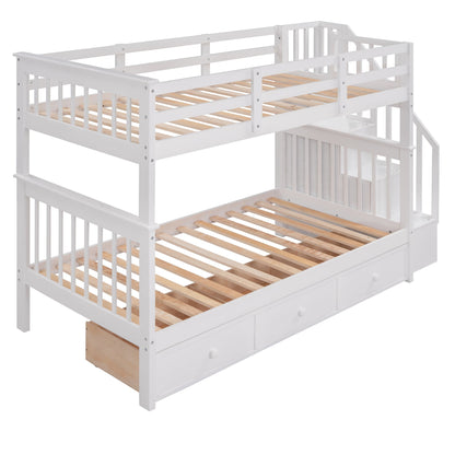 Sangria Beech twin-over-twin bunk bed with three drawers, sturdy wood frame, ideal for bedroom or dorm room storage.