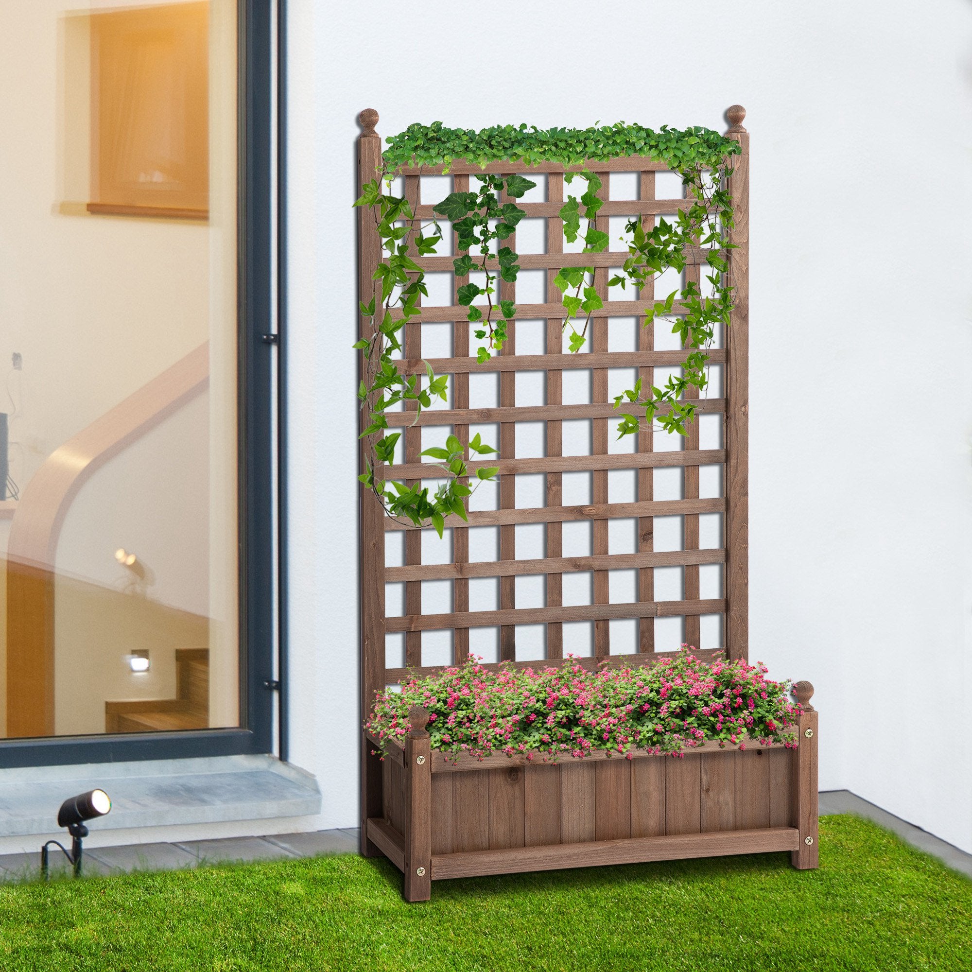 Outsunny wooden raised garden bed with built-in trellis for climbing vines, ideal for home and garden gardening projects.