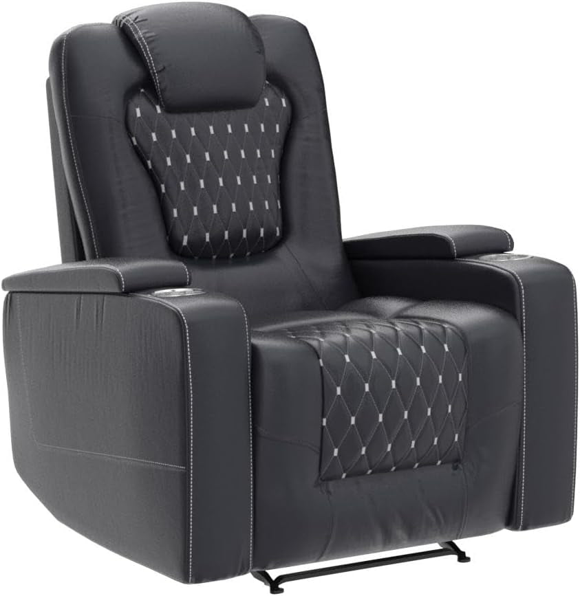 Black Peach Maple power recliner with USB ports and cup holders, featuring plush cushioned seating and armrests for comfort.