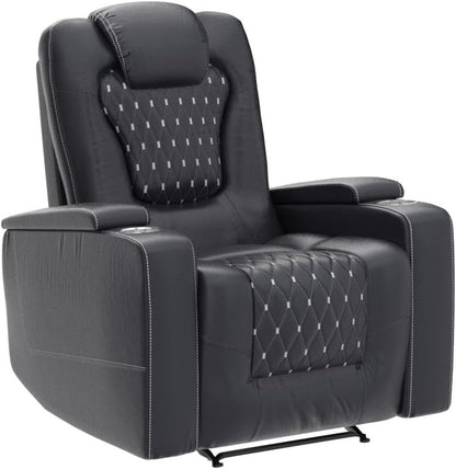 Black Peach Maple power recliner with USB ports and cup holders, featuring plush cushioned seating and armrests for comfort.