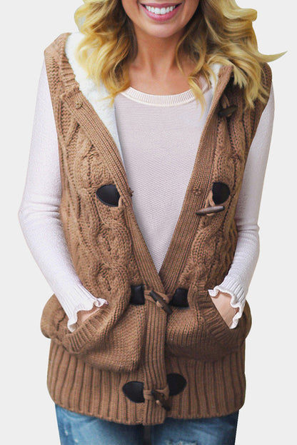 Multicolour cable knit hooded sweater vest by Harlequin Daisy, featuring a cozy textured design in vibrant shades.