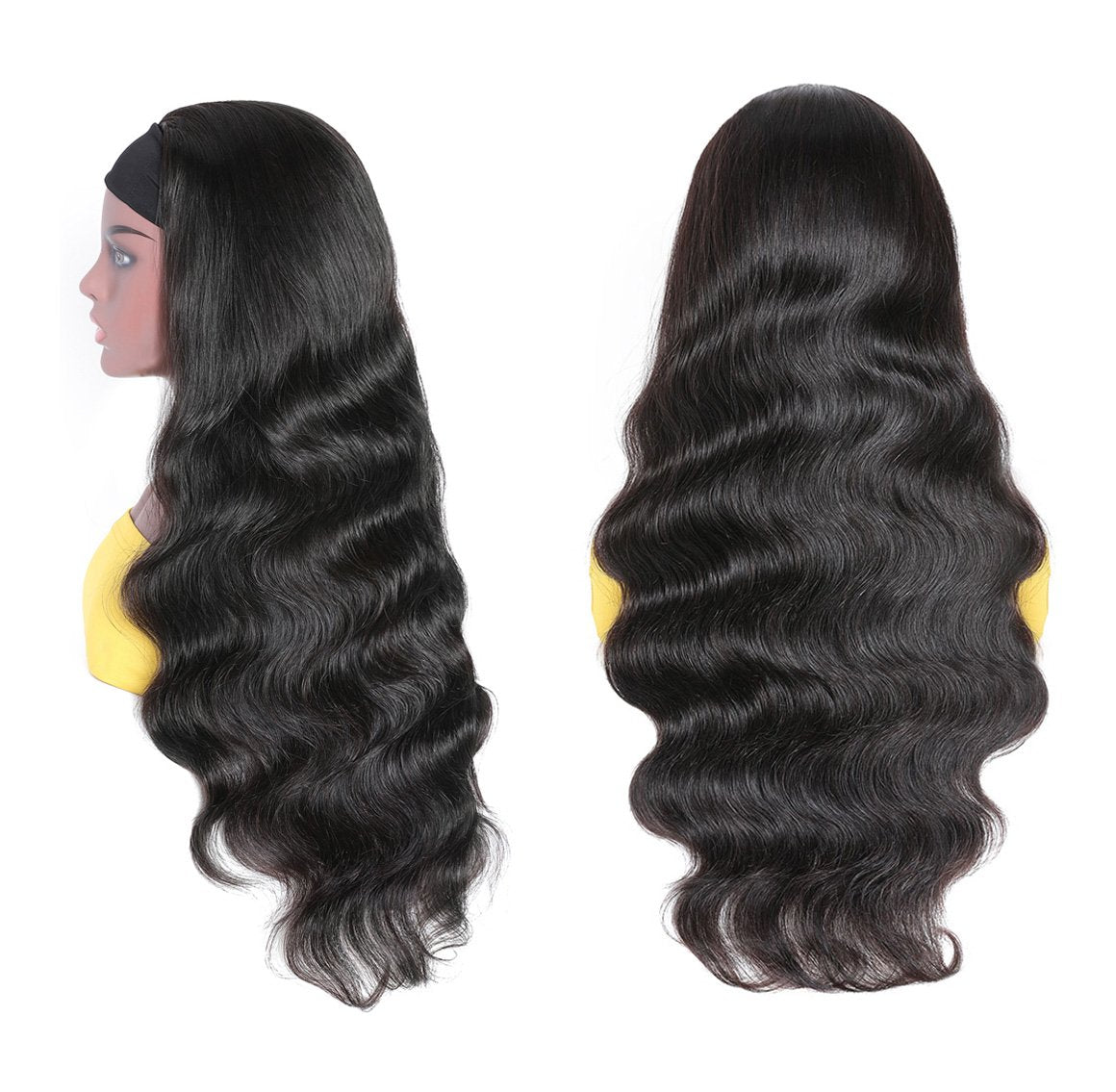 Cerise Alfie human hair headband scarf wig with body wave curls, easy to wear, no glue needed, for women’s bath and beauty.