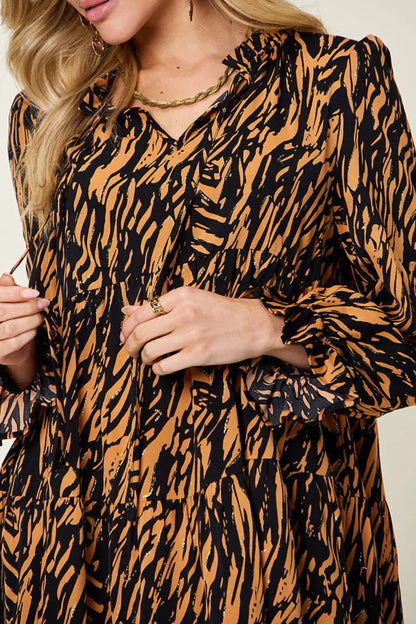 Pear Daisy Double Take printed ruffle hem long sleeve dress, full size, featuring a stylish design with ruffles and long sleeves.