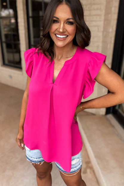 Rose red notched neck ruffle sleeve blouse from Carmine Juneberry, stylish top with feminine ruffle details and notched neckline.