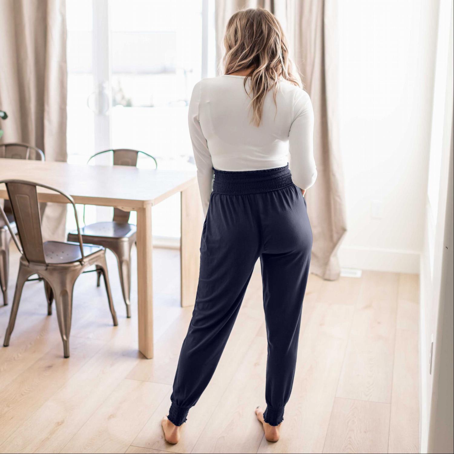 Pink Bearberry high-waisted smocked lounge jogger pants for women, featuring a comfortable fit and relaxed style.