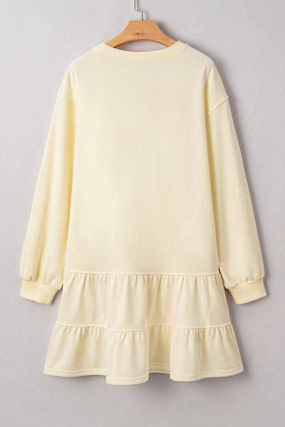 Solid tiered ruffle hem long sleeve dress by Byzantium Bay, featuring a flowy design with layered ruffles and a classic long sleeve silhouette.