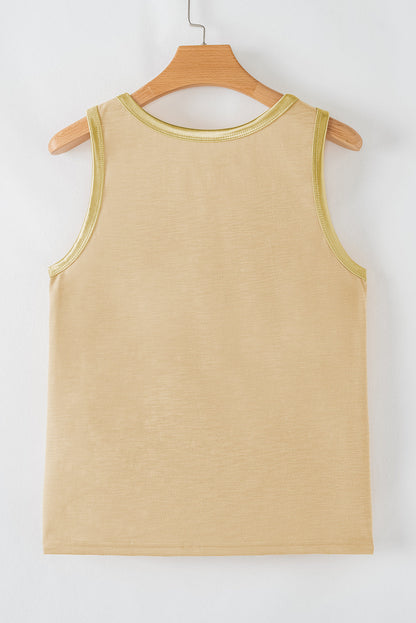 Metallic contrast trim scoop neck tank top for women by Byzantium Bay, showcasing stylish design and lightweight fabric.