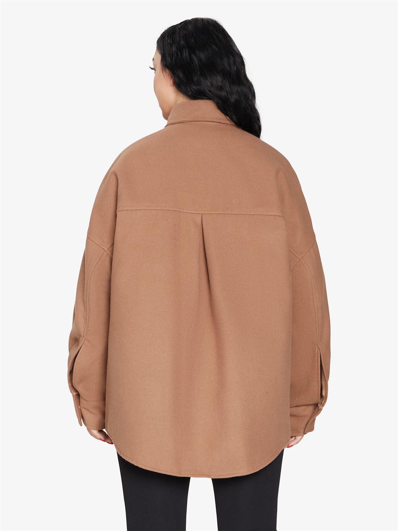 Oversized Rose Eleusis patch pocket shacket with button closure, featuring a relaxed fit and classic jacket design.