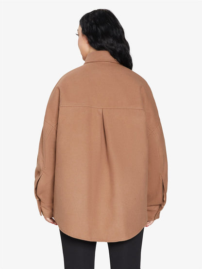 Oversized Rose Eleusis patch pocket shacket with button closure, featuring a relaxed fit and classic jacket design.