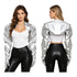 Womens wet look PU leather crop cardigan with puff long sleeves and open front, paired with gloves, for party or clubwear.