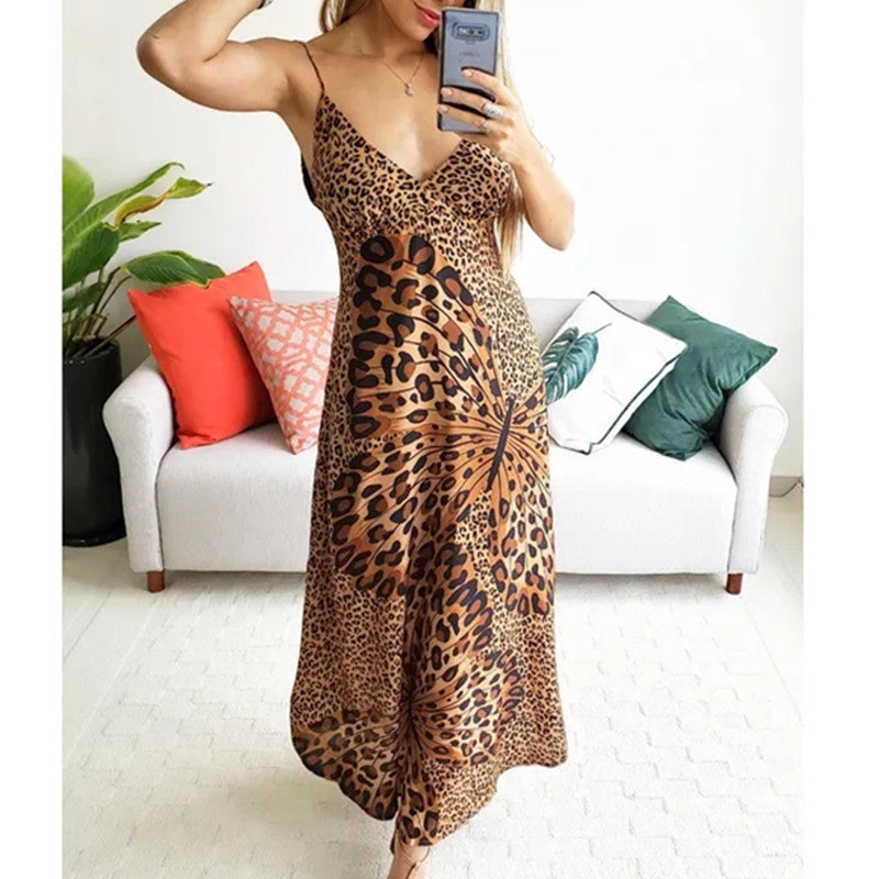 Ladies strap leopard print butterfly dress by Pear Daisy, featuring a stylish and vibrant design perfect for casual wear.