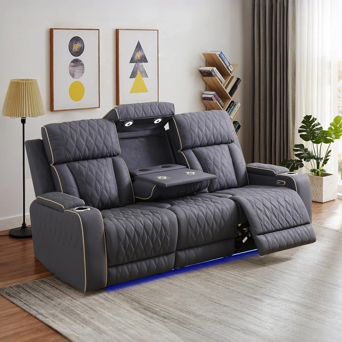 Premium Full-Grain Leather Power Recliner Sofa Blue-Gray