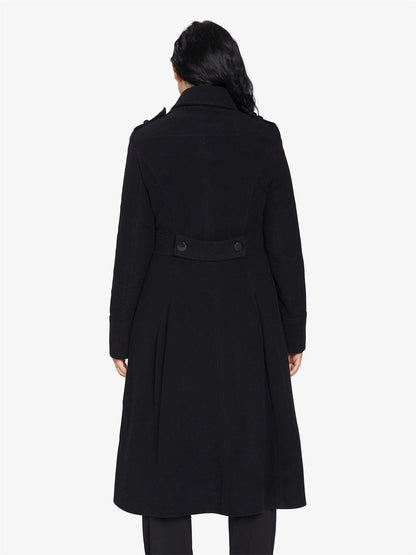 Rose Eleusis A-Line double-breasted coat, stylish jacket with tailored fit and button details, shown hanging on a clothing rack.