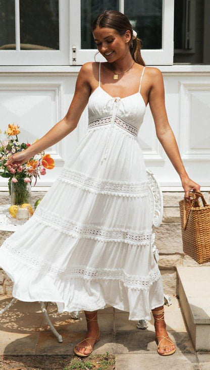 Carmine Juneberry boho sling dress with lace panel and swing skirt, featuring a relaxed, flowy style perfect for casual wear