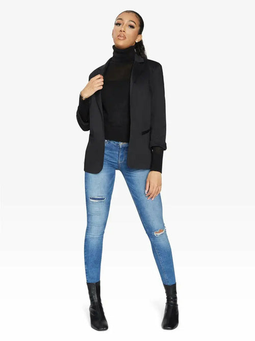 Black Rose Eleusis Edge To Edge blazer, tailored jacket with sleek design and structured fit, suitable for formal or smart-casual wear.