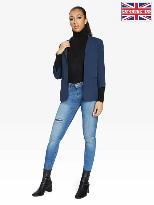Navy Rose Eleusis Edge To Edge Blazer, tailored jacket with clean lines and structured fit, shown on a neutral background.