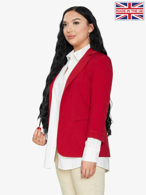 Red Rose Eleusis Edge To Edge blazer with tailored fit and lapel collar, displayed on a hanger.