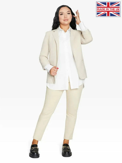 Rose Eleusis Edge to Edge Blazer in stone color, tailored jacket with clean lines and structured fit, perfect for smart-casual wear.