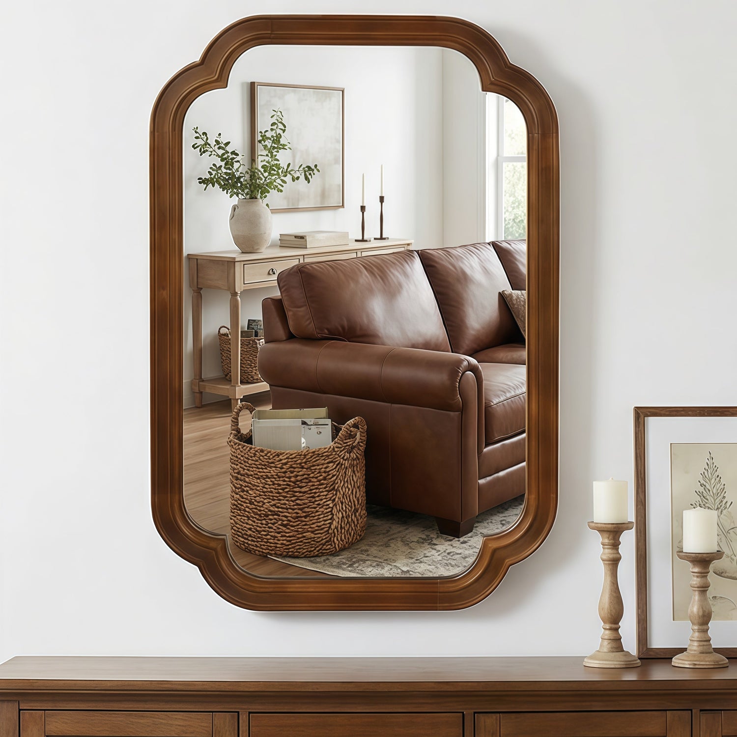 Sangria Beech solid wood framed decorative mirror with rounded corners, ideal for bedroom wall decor.