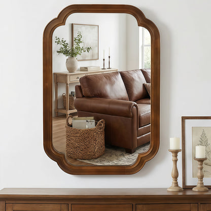 Sangria Beech solid wood framed decorative mirror with rounded corners, ideal for bedroom wall decor.