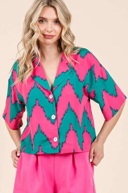 Chevron print short sleeve crop shirt by Carmine Juneberry, stylish and lightweight, featuring a trendy pattern and comfortable fit.