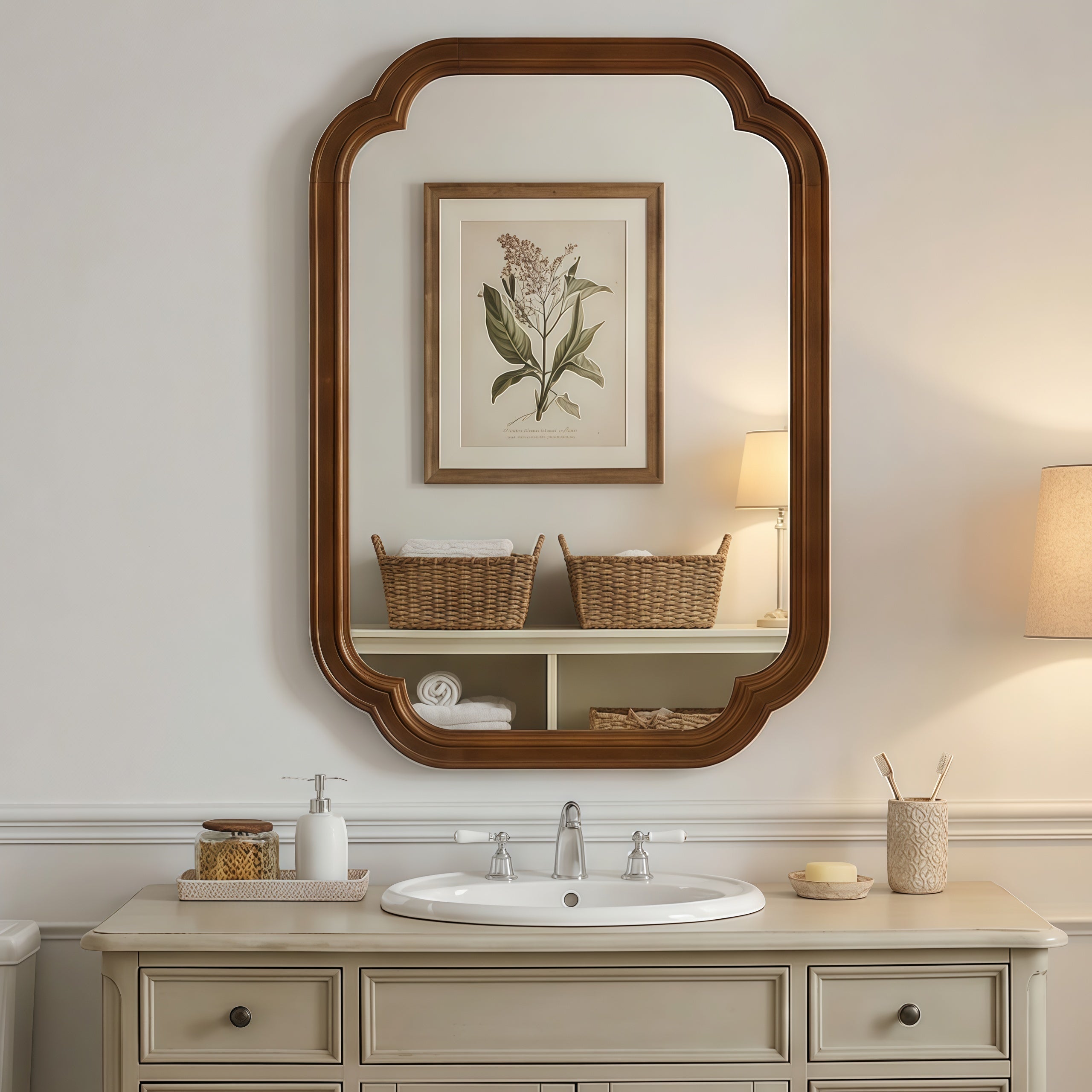 Sangria Beech solid wood frame decorative mirror with rounded corners, ideal for bedroom wall decor.