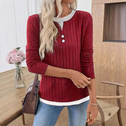 Women’s long sleeve ribbed burgundy shirt by Start2Finish, featuring a round neck and black knit mock two-piece top.