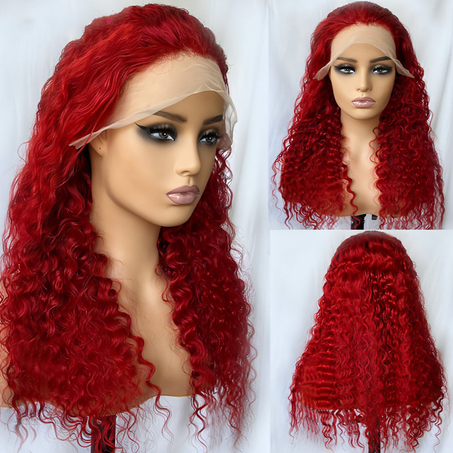 Red deep wave human hair wig by Carmine Juneberry, styled with natural-looking waves on a real headgear for haircare.