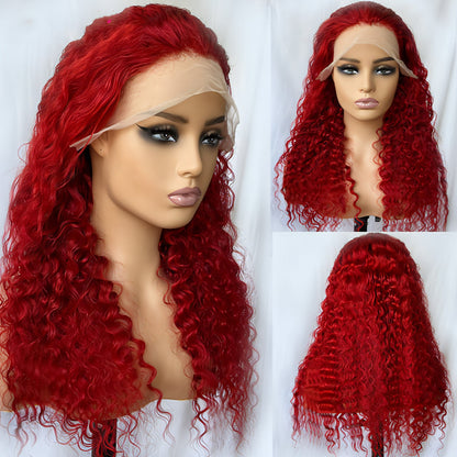 Red deep wave human hair wig by Carmine Juneberry, styled with natural-looking waves on a real headgear for haircare.