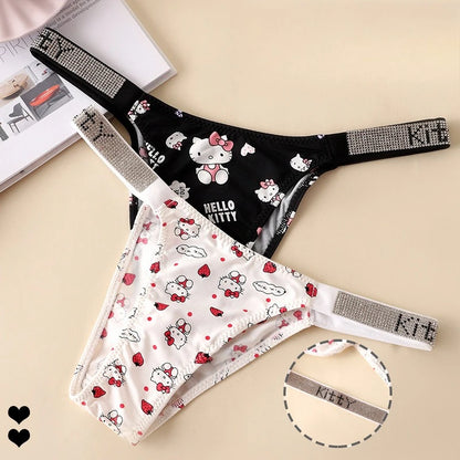 Start2Finish Hello Kitty cartoon strapless bra and low-waisted T-pants set with rhinestone lettering, cute and sweet apparel for women.