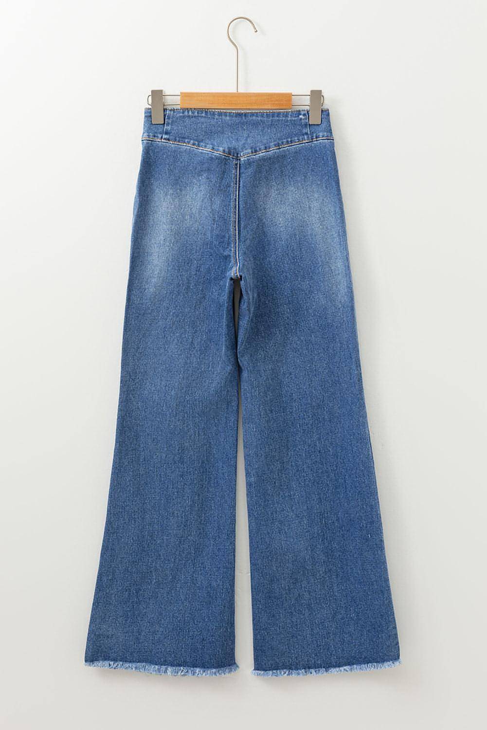 Carmine Juneberry Sail Blue high waist flare jeans with button fly, seamed details, and raw hem for a trendy denim look.