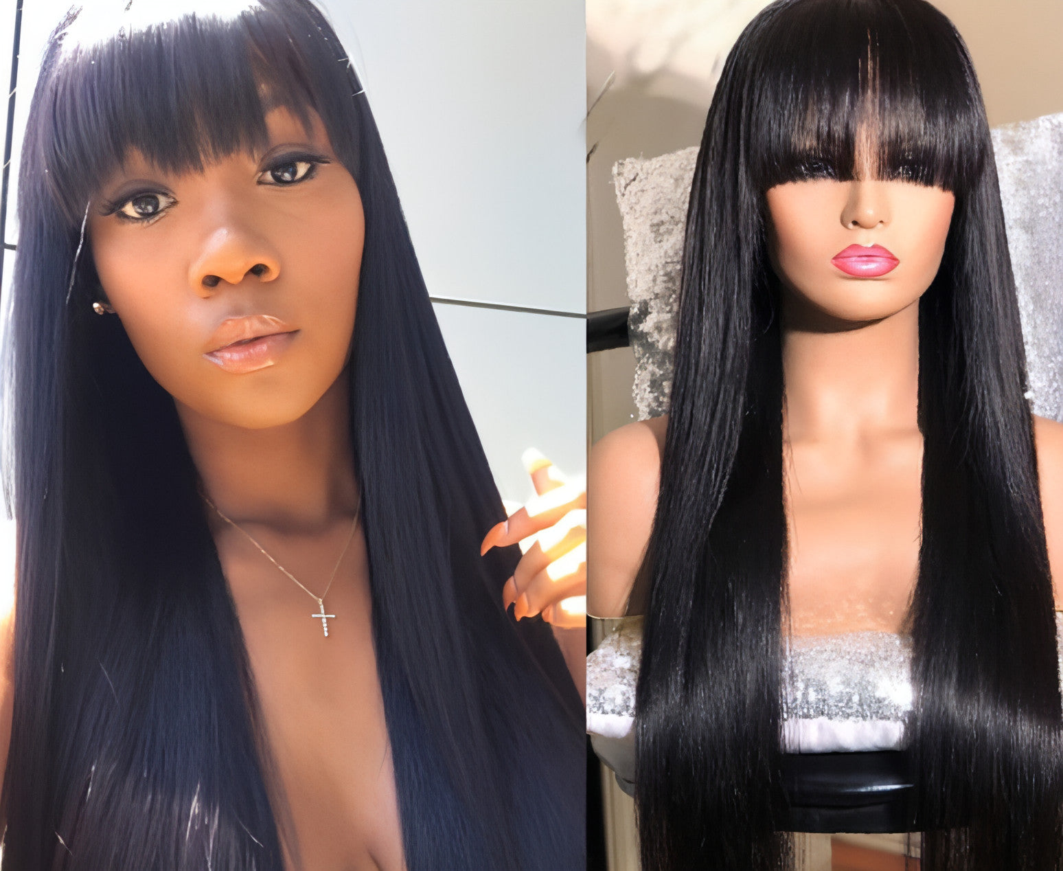 Carmine Juneberry LuxeWave real human hair wig with straightening mechanism headgear, showcasing sleek, straight hair style.