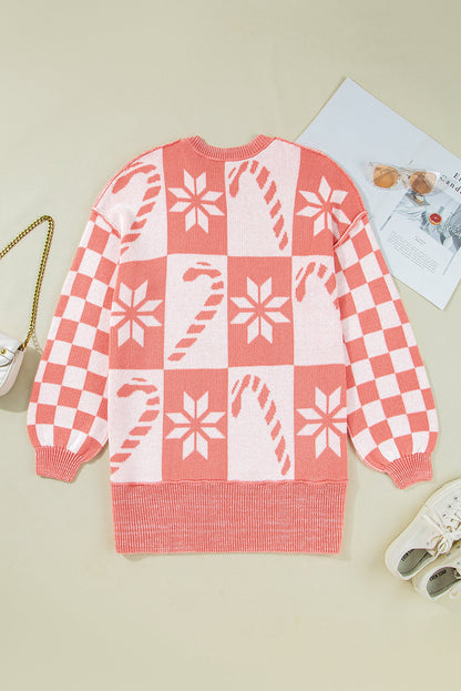 Byzantium Bay Christmas candycane snowflake checker sweater, festive knit sweater with holiday pattern and vibrant red and white colors.