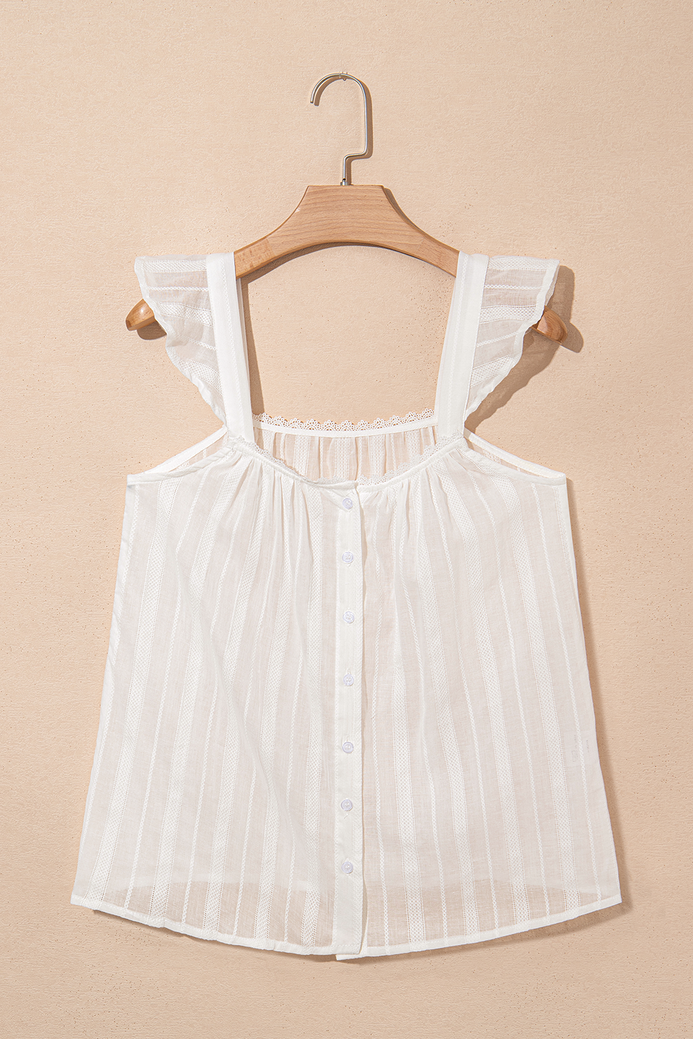 Women’s lace crochet ruffle buttoned tank top by Byzantium Bay, featuring intricate lace details and a stylish ruffle design.