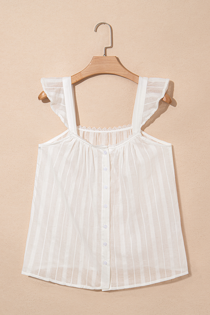 Women’s lace crochet ruffle buttoned tank top by Byzantium Bay, featuring intricate lace details and a stylish ruffle design.