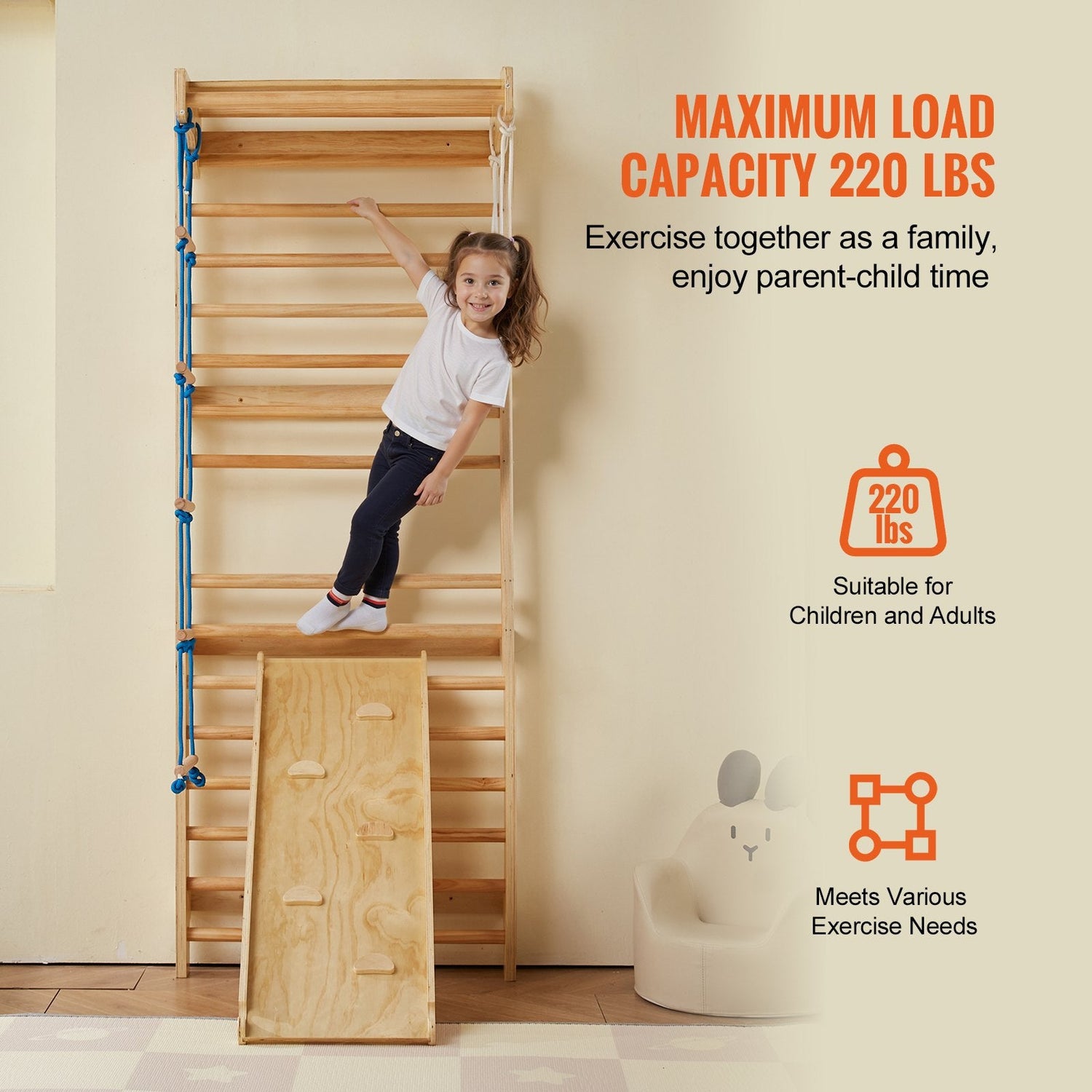 Pear Daisy Swedish Ladder Wall Gym 5-in-1 wooden indoor playground climbing toy for kids, mounted on a wall in a home gym setting.
