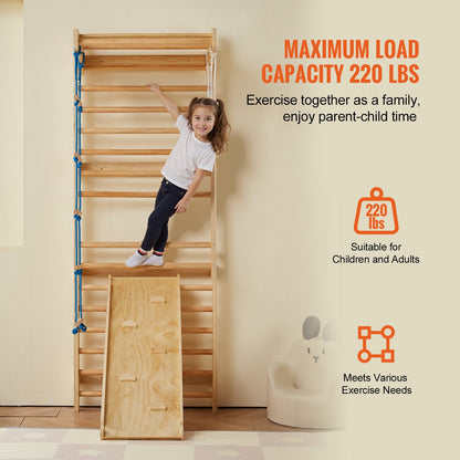 Pear Daisy Swedish Ladder Wall Gym 5-in-1 wooden indoor playground climbing toy for kids, mounted on a wall in a home gym setting.