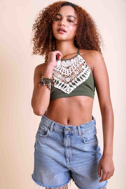 Elegant olive crochet lace high neck bralette with halter style and cross-back design, perfect for layering by Periwinkle Aether.