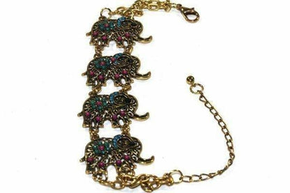Colorful bead drop elephant bracelet by Silver Hestia featuring vibrant beads and a detailed elephant charm, perfect for boho style.